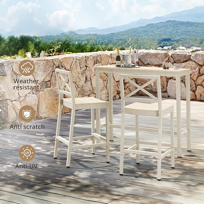 Outdoor Bar Table, 45" Patio Bar Height Counter Console Table, Waterproof HDPS Slatted Top, Weather Resistant, Hot Tub, Balcony, Yard, Indoor or Outdoor Use, Sand COZYMAN