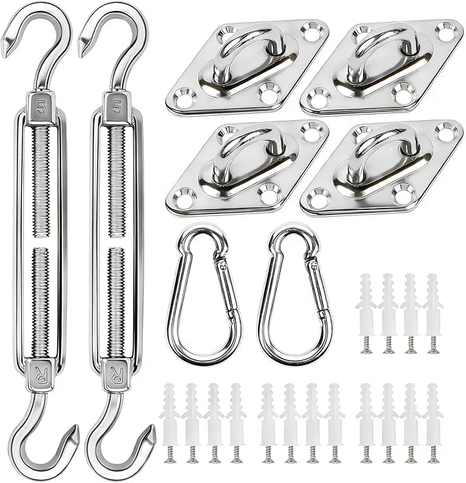 YOFIT 40 Pcs Shade Sail Hardware Kit, 5 Inch Outdoor Sun Sail Accessories, 304 Stainless Steel Turnbuckles & Brackets for Triangle/Rectangle Sails, Patio Canopy Installation Hardware Set Waterproof yofit