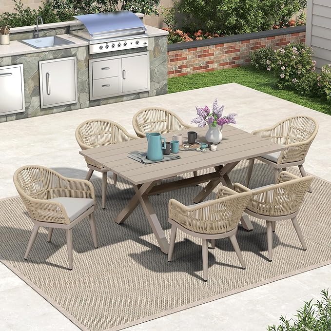 PURPLE LEAF 7 Pieces Patio Dining Set with Outdoor Aluminium Dining Table and Woven Rattan Chairs Modern Metal Furniture Cushions Sets for Garden Yard Indoor Decor Kitchen Champagne PURPLELEAF