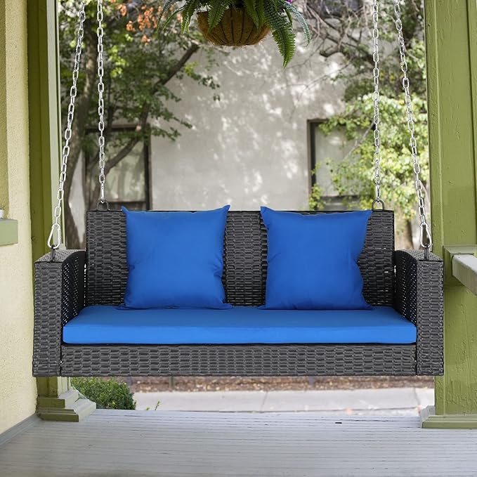 VINGLI Heavy Duty 800 LBS Wicker Hanging Porch Swing with Cushions & Chains, 4FT Outdoor Rattan Swing Bench for Garden, Yard, Lawn (Black+Blue) VINGLI