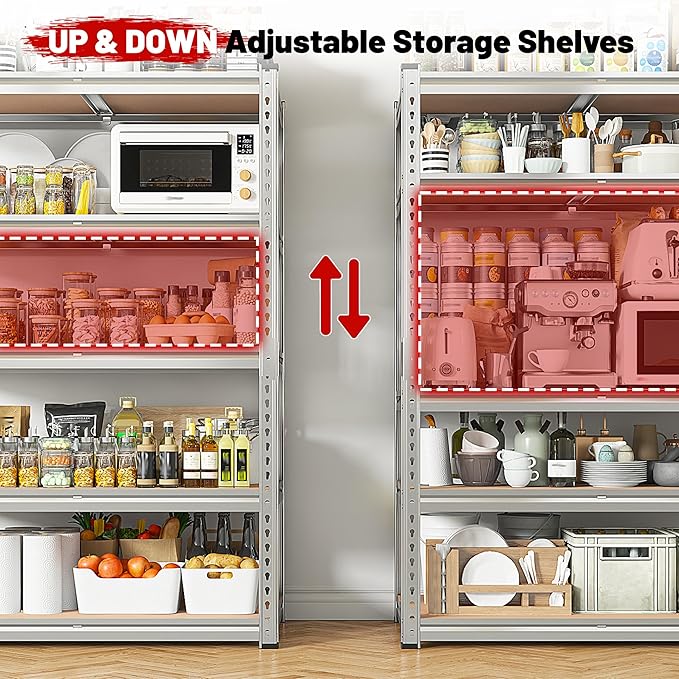 REIBII 2020LBS Garage Shelving Heavy Duty Metal Shelving 5 Tier Storage Shelves, Garage Shelves for Basement, Warehouse, Pantry, Closet, Kitchen, 72" H x 35.55" W x 16" D, Galvanized, 2 Pack REIBII