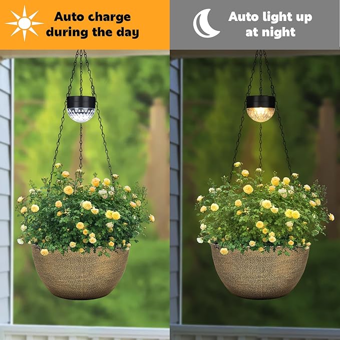 2 Packs Hanging Planters Basket for Outdoor Plants, Solar Powered Self Watering Copper Round Plastic Flower Pots with Drainer for Balcony Patio Garden Outdoor Decoration SUNNYPARK