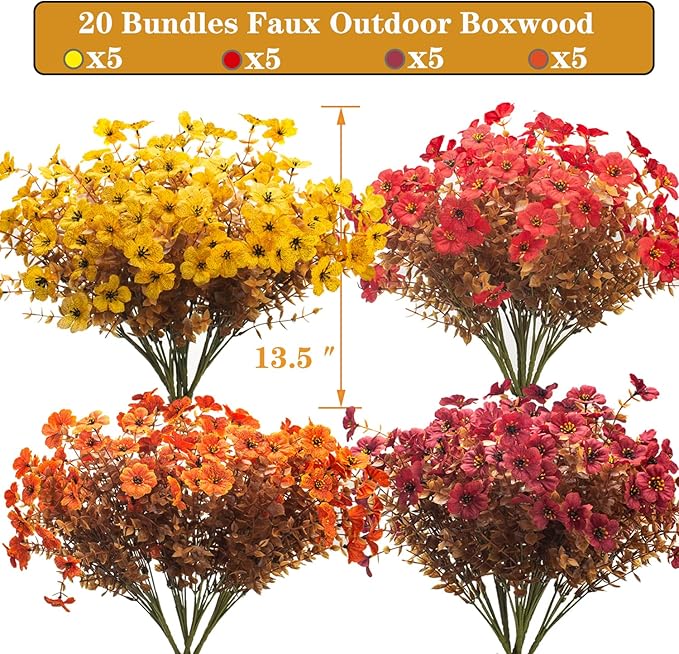 20 Bundles UV Resistant Artificial Fall Flowers for Outdoor - No Maintenance Thanksgiving Decor with Orange Blooms, Faux Silk & Plastic Plants for Porch, Yard (Fall Coffee Mix) Grunyia