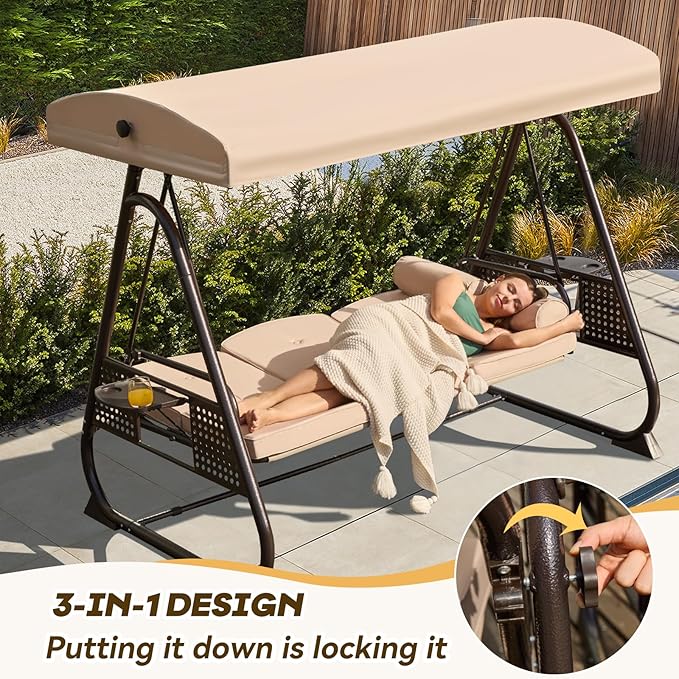 3 in 1 Outdoor Porch Swing with Adjustable Canopy, 3 Seat Outdoor Swing for Adults, Patio Swing Chair with Thickened Cushions,Pillows & Cup Holders for Backyard, Porch, Garden (Khaki) YALISSEY