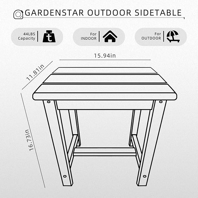 Adirondack Square Side Table,one-Tier Outdoor end Table, Patio Side Table for Pool,Porch,Backyard,Relaxing Companion (White) GARDENSTAR