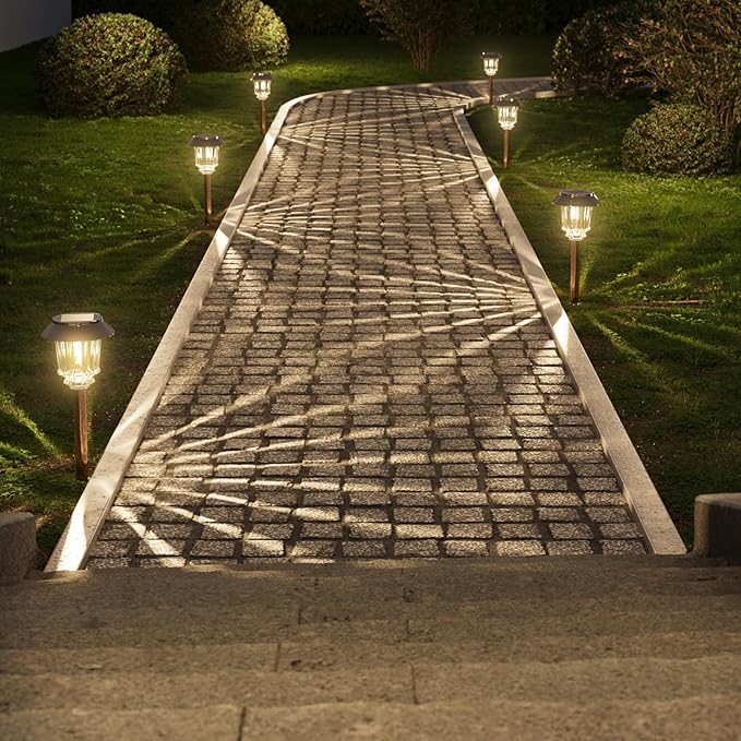 XMCOSY+ Solar Lights Outside Waterproof - 4 Pack Auto On/Off 10-40 LM Dimmable Outdoor Solar Lights for Yard Garden Pathway Driveway Walkway (Warm White) XMcosy
