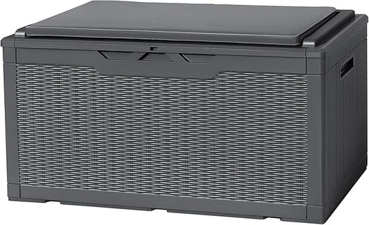 Flamaker Deck Box with Cushion 100 Gallon Waterproof Resin Storage Box with Air Rod Indoor Outdoor Lockable Storage Bench for Patio Furniture, Tools, Pool Accessories (Gray) Flamaker