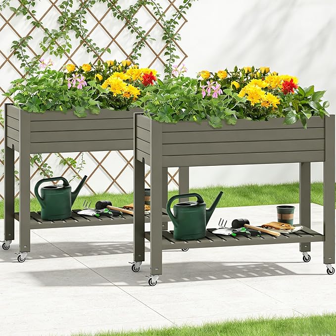 YITAHOME 43.3x17.7x34 in Elevated Garden Bed 2pcs, Outdoor Plastic Planter Box with Wheels, Legs, Drain Plug, and Storage Shelf for Plants, Vegetables, Flowers, Herbs, Light Brown YITAHOME