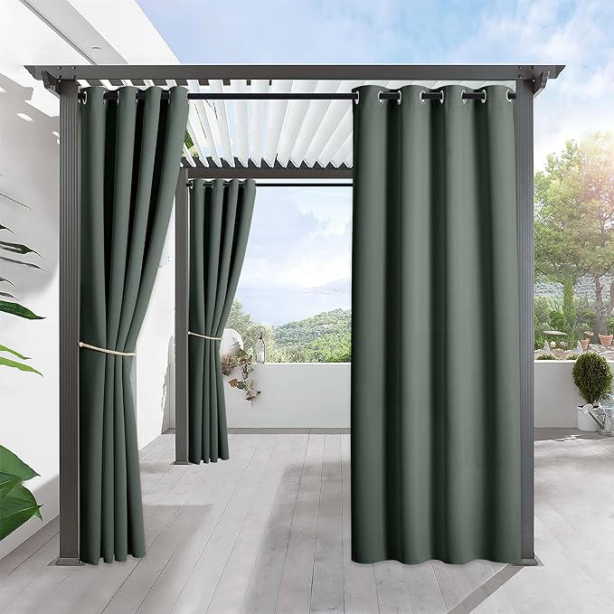 RYB HOME Outdoor Curtains for Patio Waterproof Block Sunlight Thermal Insulated Privacy Assured Thick Outside Curtains for Pergola, Deck, Gazebo, W52 x L90, Dark Green, 1 Panel RYBHOME
