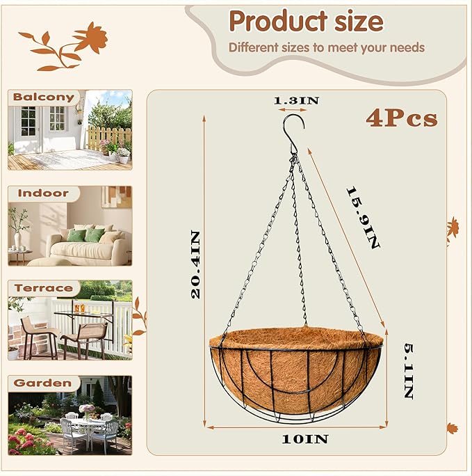 Metal Hanging Baskets for Plants Outdoor 4 Pack Round Metal Wire Hanging Basket Planter (Grid, 10 Inch) JFFLYIT