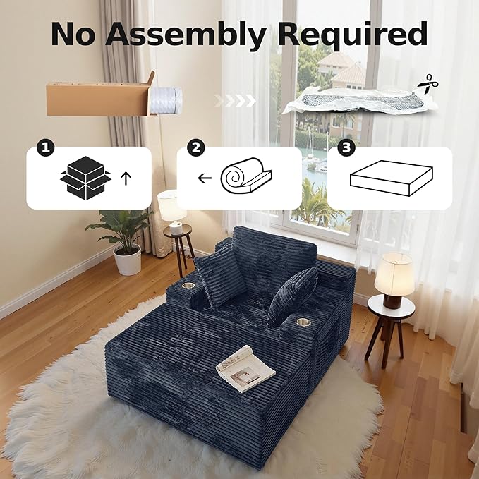 CHORRO67 Chaise Lounge Chair Indoor,Oversized Boneless Single Sleeeper Couch Bed,Corduroy Cloud Sofa with 3 Soft Pillows for Livingroom,Bedroom,No Assembly (Grey) CHORRO