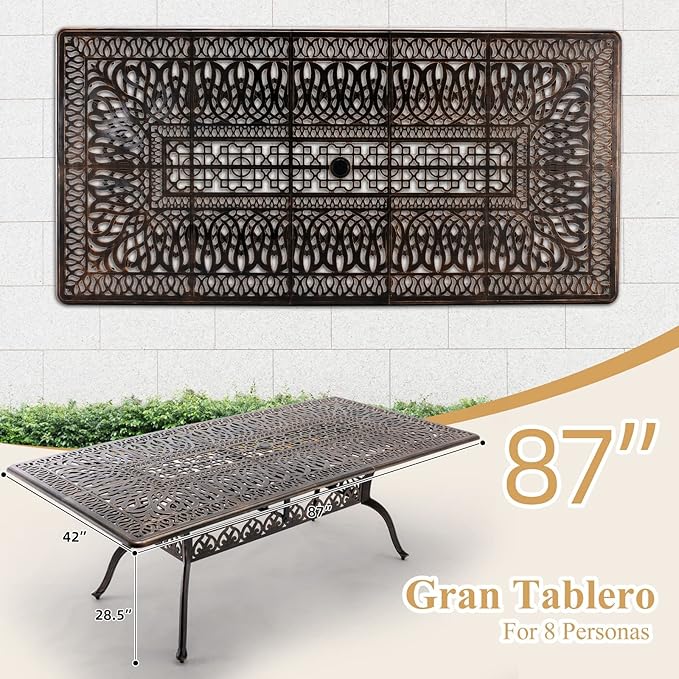 Outdoor Patio Dining Table - All-Weather Cast Aluminum 87" x 28.5“ Patio Rectangular Table with 2" Umbrella Hole for Balcony Lawn Garden Backyard Attliahome