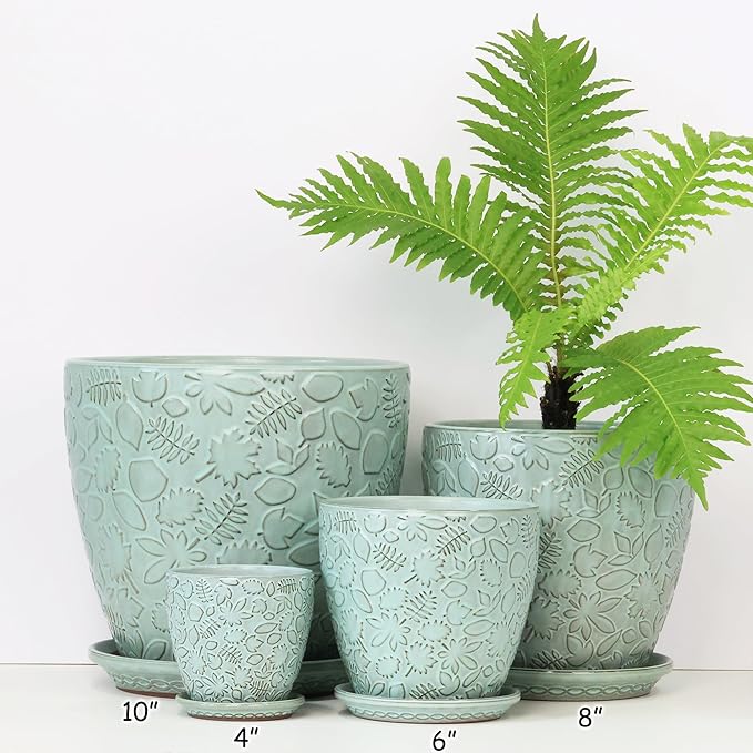 6 Inch Retro Ceramic Planter Set of 2 with Drainage Hole and Saucer for Plants, Indoor-Outdoor Garden Pots for Succulent, Orchid, and Flower (Fits Inner Pots Up to 5 Inches, Retro Green) Bestseler