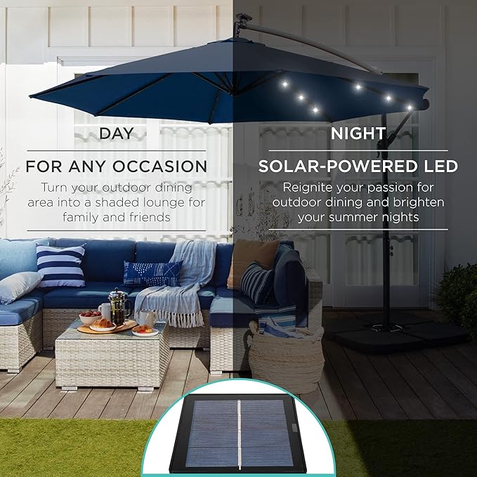 Best Choice Products 10ft Solar LED Offset Cantilever Hanging Market Patio Umbrella, 8 Sturdy Ribs, Easy Adjustment - Navy Blue BestChoiceProducts