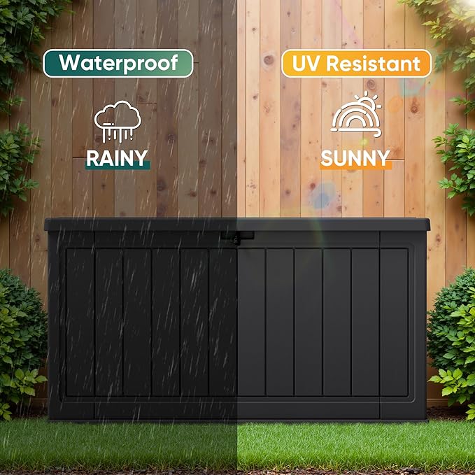 JUMMICO 160 Gallon Resin Outdoor Storage Deck Box with Divider, Waterproof Storage Box&Bench with Lockable Lid for Garden Tools, Pools Supplies (Black) JUMMICO
