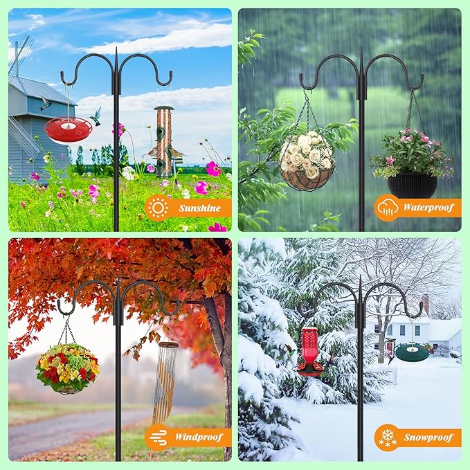 FEED GARDEN Adjustable Double Shepherds Hook for Outdoor with 5 Prong Base 108 Inch Heavy Duty Two Sided Bird Feeder Pole for Hanging Plant Baskets, Solar Light Lanterns, Wind Chimes 2 Pack FEEDGARDEN