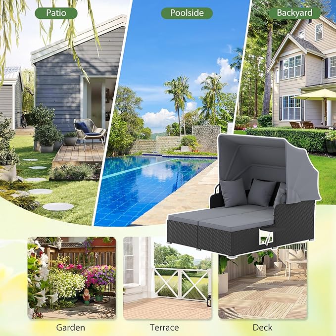 ORALNER Outdoor Daybed, 2-Person Wicker Patio Sofa with Retractable Canopy, Cushions & Pillows, 2 Side Trays, PE Rattan Double Sunbed Lounger for Deck Poolside Backyard Garden Balcony (Gray) ORALNER