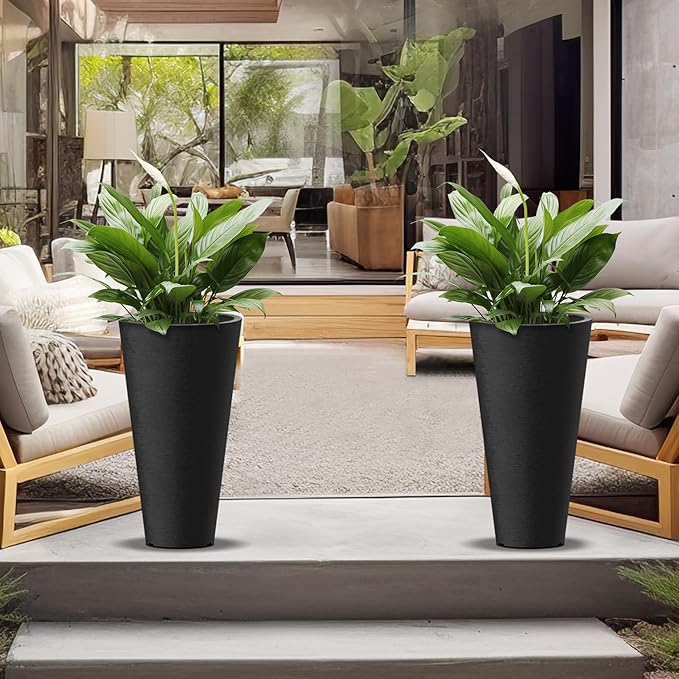 Kante Tall Round Planter Set of 2, 18" H Large Decorative Planter Pots for Outdoor Indoor Garden Patio Front Porch (Black) Kante