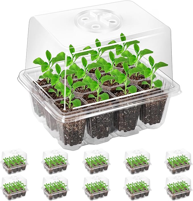 Bonviee 10 Packs Seed Starter Tray with Elevated Lid, 120 Cells Thicken Seed Starting Trays Kit with Adjustable Humidity Vent, Clear Cell Tray and Heightened Lids for Greenhouse & Gardens, Clear BonvieeDirect