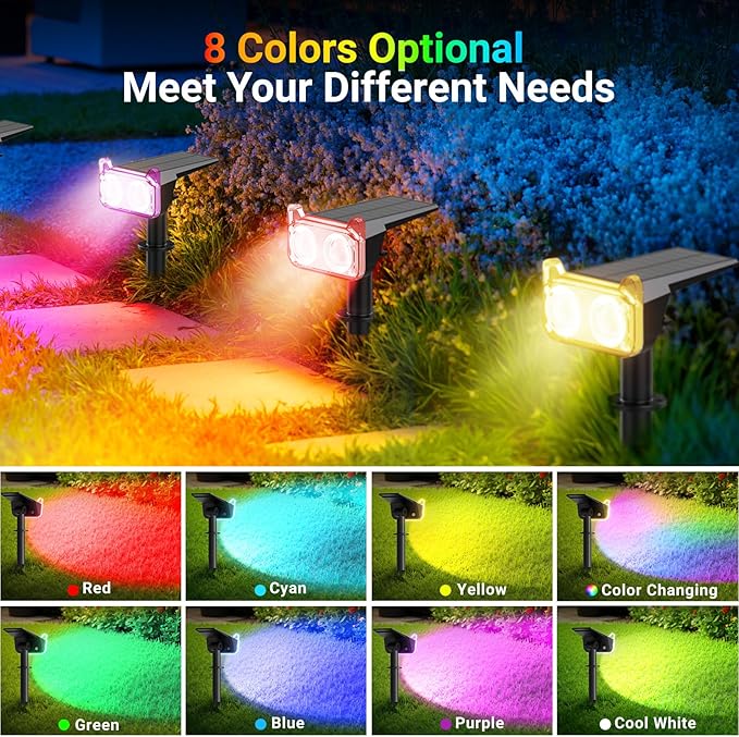 WdtPro Solar Color Changing Spot Lights, 8 Lighting Modes Solar Lights Outdoor Waterproof, Multicolor RGB Outdoor Lights, 7 Colors Auto Cycling Landscape Spolights for Yard Garden Decoration, 2 Pack WdtPro