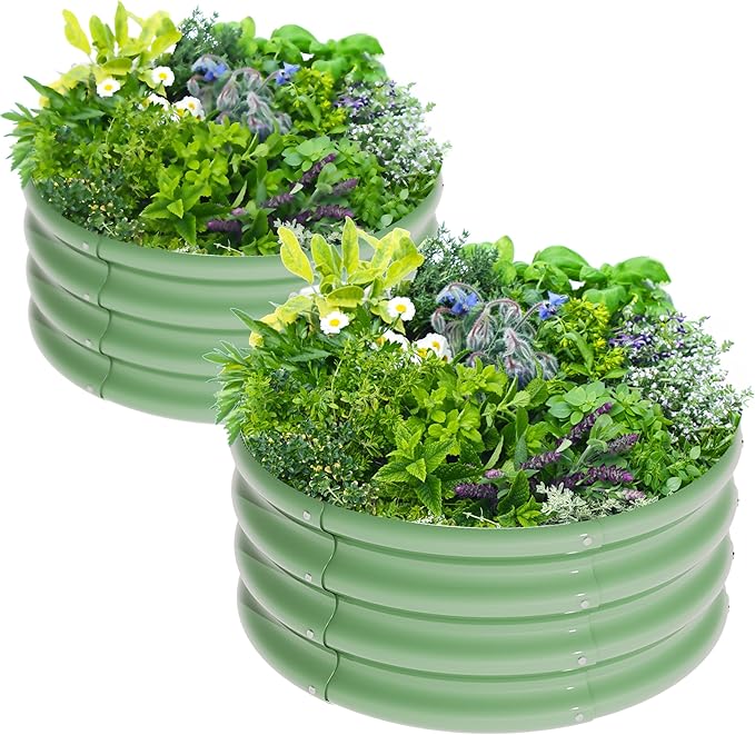 2Pcs 2X2X1ft Round Raised Garden Bed Kit,Galvanized Raised Garden Beds Outdoor, Metal Planter Box Steel Kit Flower Herb,Vegetables..Grass Green Rootora