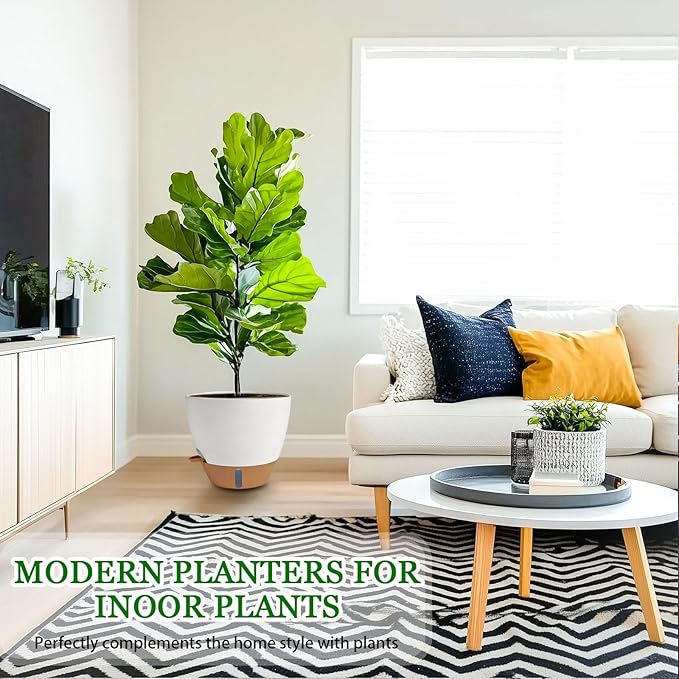 2 Pack 10 inch Plant Pots, Plastic Self Watering Planters with Drainage Holes, Deep Reservoir, Water Level Indicator, Modern Decorative Flower Pots for Indoor Outdoor Plants (White, 10 inch) Fielda