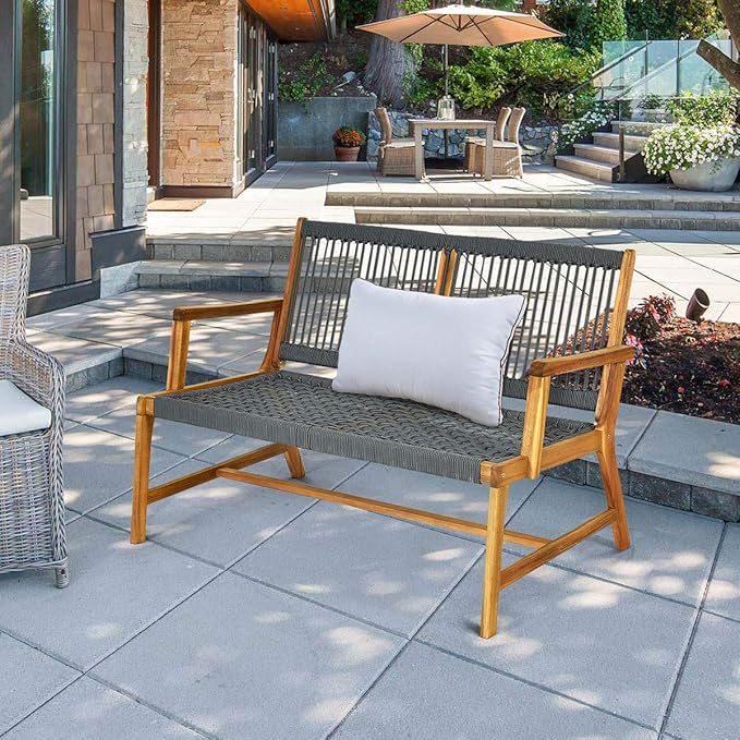 Tangkula 2-Person Patio Acacia Wood Bench Loveseat, Outdoor Patio Rope Bench in Teak Oil Finish, for Balcony Deck Poolside Porch (Grey) TANGKULA