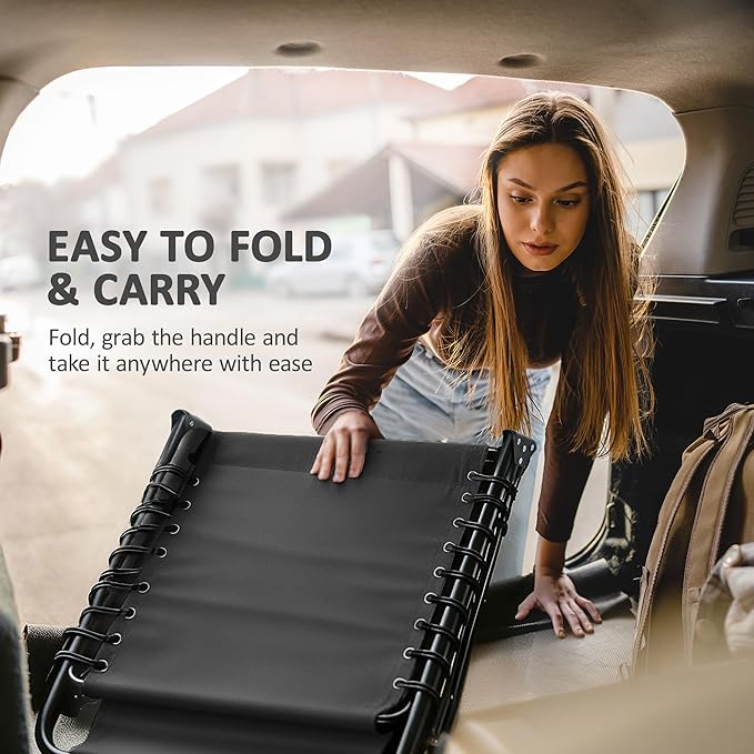 Outsunny Chaise Lounge Chair Outdoor, 5-Position Adjustable Sun Tanning Chair with Carrying Handle and Side Pocket, Folding Bed Cot with Removable Pillow for Garden, Beach, Patio, Pool, Camp, Black Outsunny