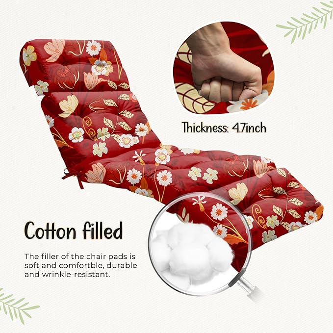 4 Pack Outdoor Chaise Lounge Chair Cushion 75.1 x 22.8 x 4.7 Inches 100% Waterproof Replacement Cotton Patio Pool Lounge Chair Cushion for Outdoor Furniture with Ties, Red Peony Uthem