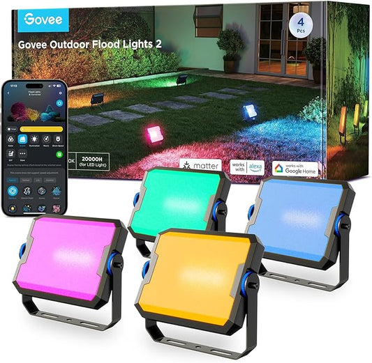 Govee Outdoor Flood Lights 2, RGBIC Warm Cold White LED Lights for Outdoor Decorations, 50 Scene Modes, Landscape Lighting, Upgrated IP66 with App Control, Wired 4 Pack Govee