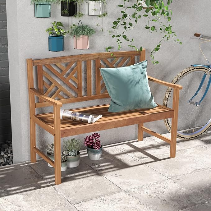 Giantex Outdoor Wooden Garden Bench - 2-Person Acacia Wood Loveseat with Armrests, Backrest, 800lbs Capacity, Patio Park Bench for Backyard, Front Porch Bench (Non-Foldable) Giantex