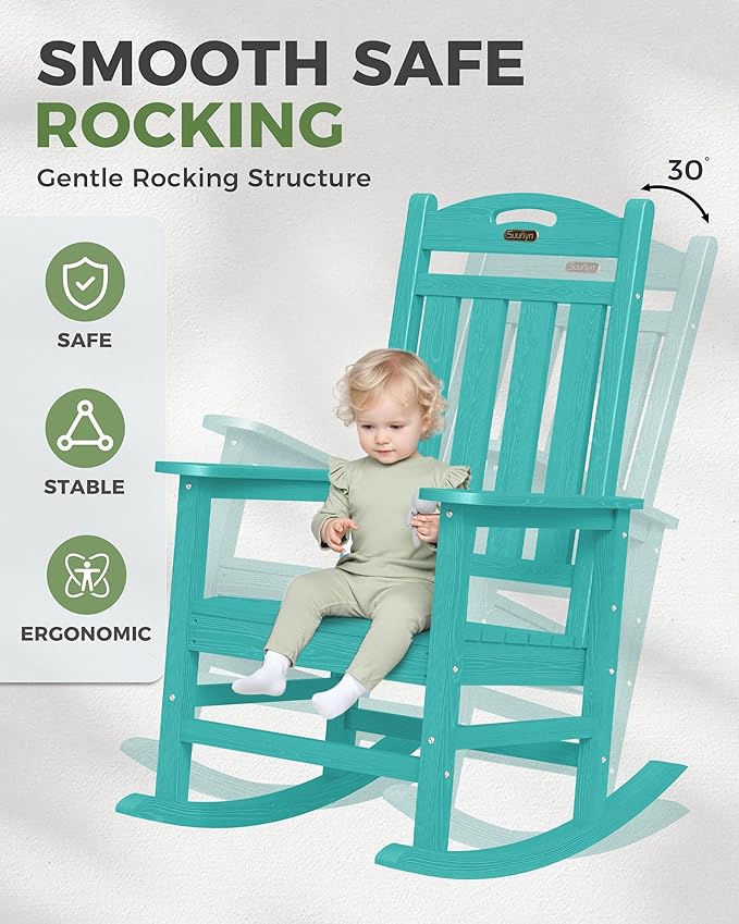Oversized Outdoor Rocking Chair, High Back Porch Rocker Chair, HDPE All Weather Resistant Rocking Chairs for Patio, 380lbs Weight Capacity, Lake Blue Suunyn