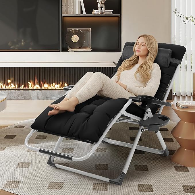VINGLI 29" Padded Zero Gravity Chair, Lounge Chair with Removable Cushion & Tray， Folding Reclining Patio Chairs， Recliner Chair for Lawn，Indoor Outdoor-Black VINGLI