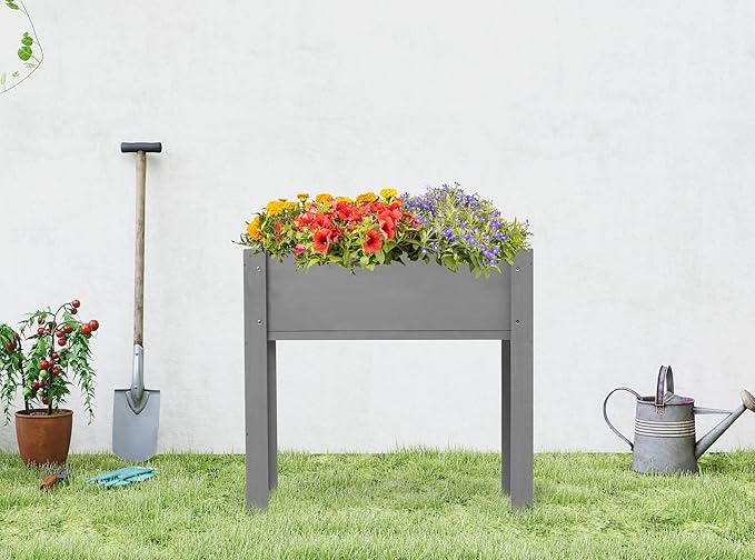SoliWood Set of 2 Raised Garden Bed with Legs, 31x16x31'', Outdoor Wood Elevated Planter Box, Grey Cedar, Thick Legs, w/Liner OutdoorFurniture