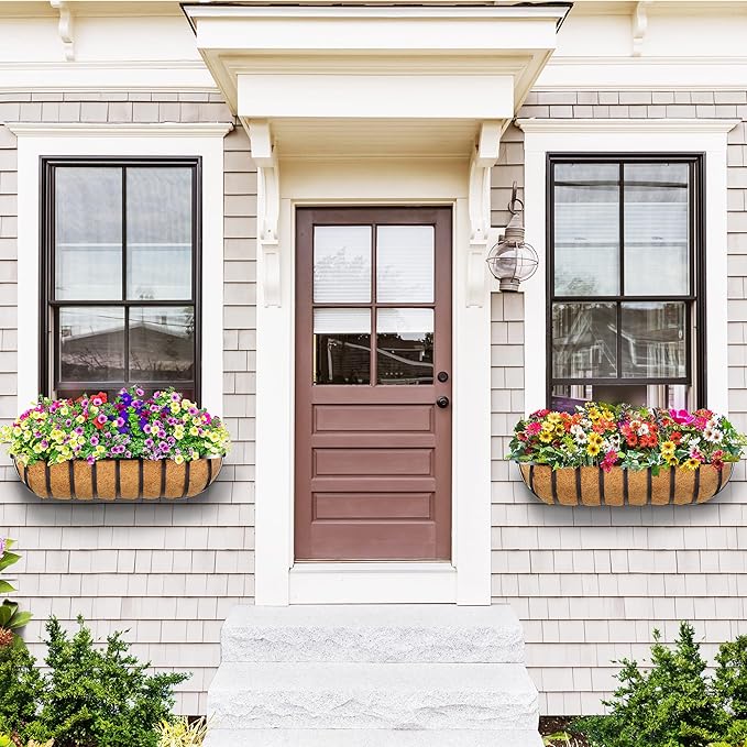 4pcs 30" Window Box Deck Railing Planter with Coco Liner, Metal Hanging Flower Planter Window Basket, Wall Planters Boxes with Horse Trough Coco Liner for Outdoor Indoor Balcony Porch Fence LAWYAMAI