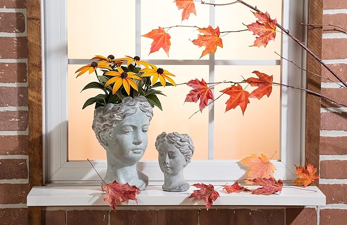 Abbott Collection Goddess Head Planter – Small Cement Indoor and Outdoor Planter Pot – Grecian Woman Statue Head Planter for Flowers and Succulents (Grey, 8.5" Tall, 3.5" Opening) AbbottCollection