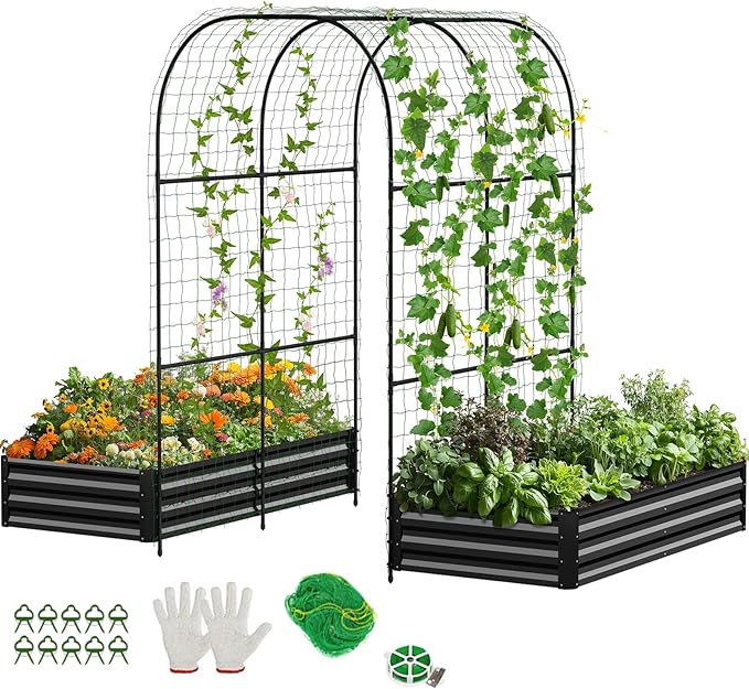 DoCred 3 in 1 Raised Garden Bed with 87in Tall Arch Trellis for Climbing Plants, Galvanized Planter Garden Box Outdoor for Gardening, Climbing Vegetables, Flower, Black DoCred