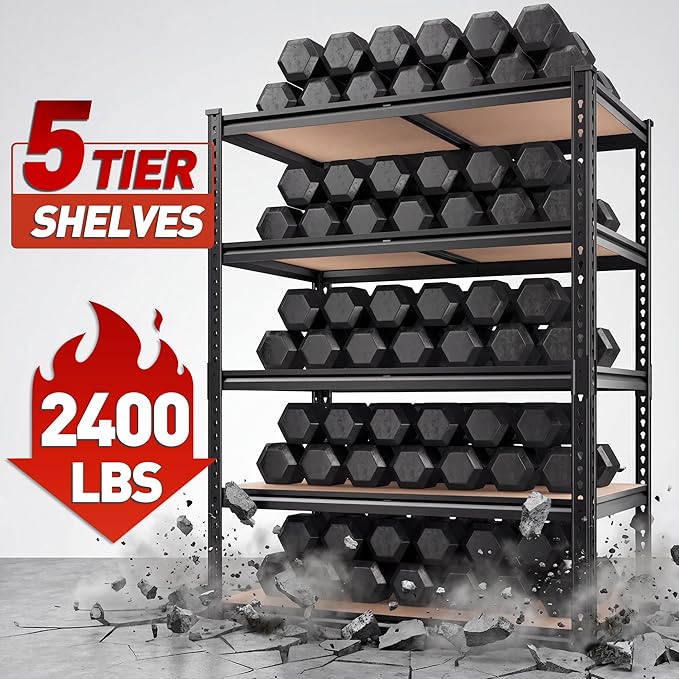 REIBII 2400LBS Storage Shelves 5 Tier Garage Shelving Heavy Duty, Adjustable Metal Shelving, Garage Shelves for Basement, Warehouse, Pantry, Closet, Kitchen 72" H x 35.55" W x 16" D, Black, 3 Pack REIBII