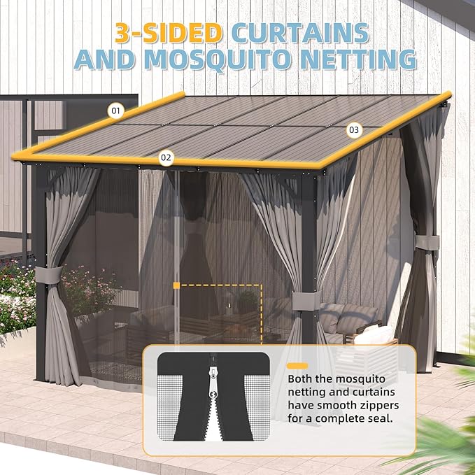 AECOJOY 10’ x 10’ Gazebo, Wall Mounted Gazebos Pergola with Curtains and Mosquito Netting, Enhanced Protective Outdoor Patio Lean to Gazebo Awnings for Deck, Porch, Backyard and Outside AECOJOY