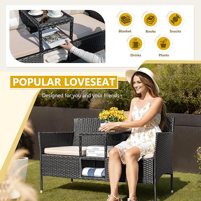 Devoko Outdoor Patio Loveseat Modern Rattan 2-Seat Patio Conversation Set with Cushions & Built-in Coffee Table Porch Furniture for Garden Lawn Backyard (Beige) DEVOKO