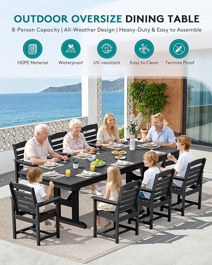 SERWALL Outdoor Dining Chairs Set of 4, All-Weather HDPE Patio Chair with 19.7" Widened Seat, for Backyard, Garden, Black SERWALL