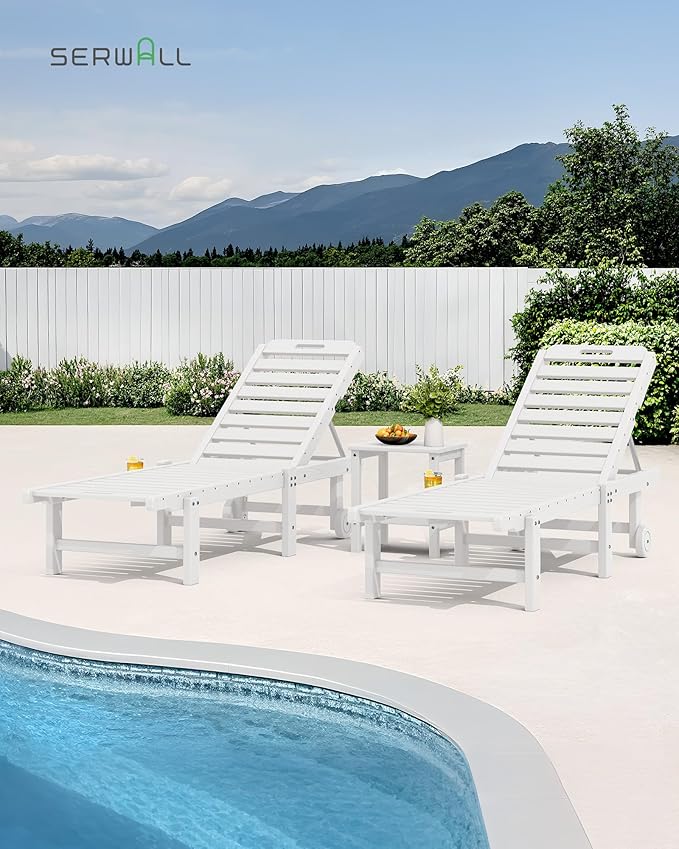 SERWALL Outdoor Chaise Lounge Set of 8, HDPE Pool Lounge Chairs with 5-Position Adjustable Backrest, Patio Loungers with Rolling Wheels & Cup Holder for Pool Sunbathing, White SERWALL