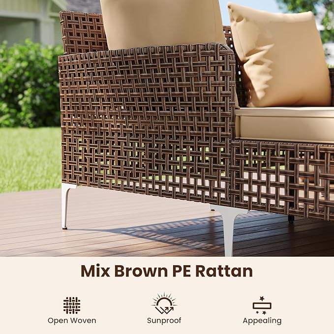 Tangkula Outdoor Rattan Double Daybed, Boho Wicker Chaise Lounge for 2 with Seat & Back Cushions, Outdoor Sunbed Loveseat with Metal Support for Backyard, Poolside & Deck (Brown) TANGKULA