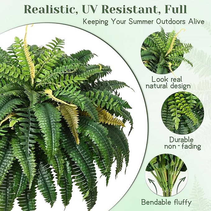 MARTINE MALL 48 inch Fake Ferns Artificial Ferns for Outdoors Look Real, 88 Branches Large Faux Boston Fern for Outdoor Planter Realistic UV Resistant Hanging Artificial Fake Plants for Porch Patio MARTINEMALL