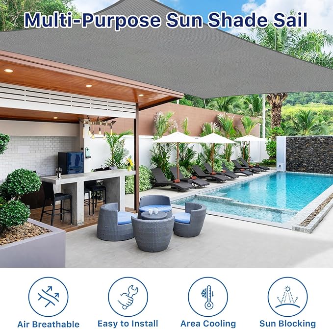12'x12' Sun Shade Sail, UV Protection Outdoor Shade, Curved Tear Resistant Heavy Duty Sun Shade for Patio Garden, Backyard, Deck, Car Port, Playground, (Grey) RoomHacks