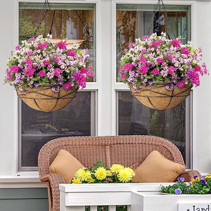 2 Pack 12 Inch Hanging Planters for Outdoor Plants Metal Watering Flower Baskets with Coco Liner for Hanging Pot Round Plant Holders Planter for Outside Garden Decor KarlliuHOMEGARDEN