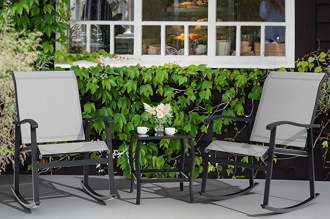 Vongrasig 3 Piece Outdoor Rocking Bistro Set, Textilene Fabric Small Patio Furniture Set, Front Porch Rocker Chairs Conversation Set with Glass Table for Lawn, Garden, Balcony, Poolside (Light Gray) Vongrasig
