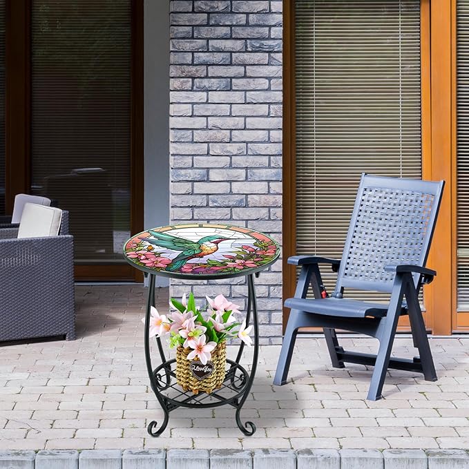 Outdoor Side Table Round Small Mosaic Patio Accent Indoor End Plant Metal Coffee Tea Table for Yard Porch Garden Patio Living Room, Bedroom(Hummingbird Style,14 Inch) Cinnvoice