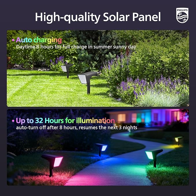 Philips 6 Packs Solar RGBW Spot Lights Outdoor, 18 LED Solar Powered Landscape Lights, 9 Lighting Modes Color-Changing Dusk to Dawn Waterproof Pathway Spotlights for Garden Trees Halloween Christmas PhilipsLightingLED