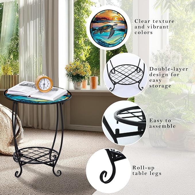 Outdoor Side Table Round Small Mosaic Patio Accent Indoor End Plant Coffee Tea Table for Yard Patio Porch Garden Living Room, Bedroom(Turtle Style,18 Inch) Cinnvoice